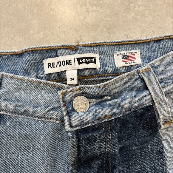 Levis Re/Done Button Fly Jeans Women’s Sz 24 Relaxed Blue Patchwork Indigo 27” - Picture 3 of 13